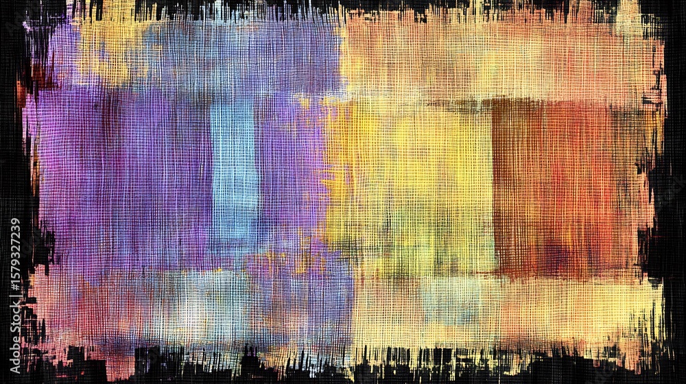 Poster distressed canvas texture with intersecting color blocks and frayed edges creating a rustic