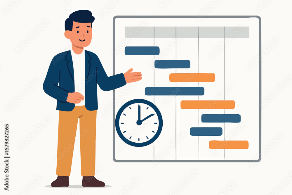 Poster flat vector project manager standing beside gantt chart with task bars, time management, isolated on