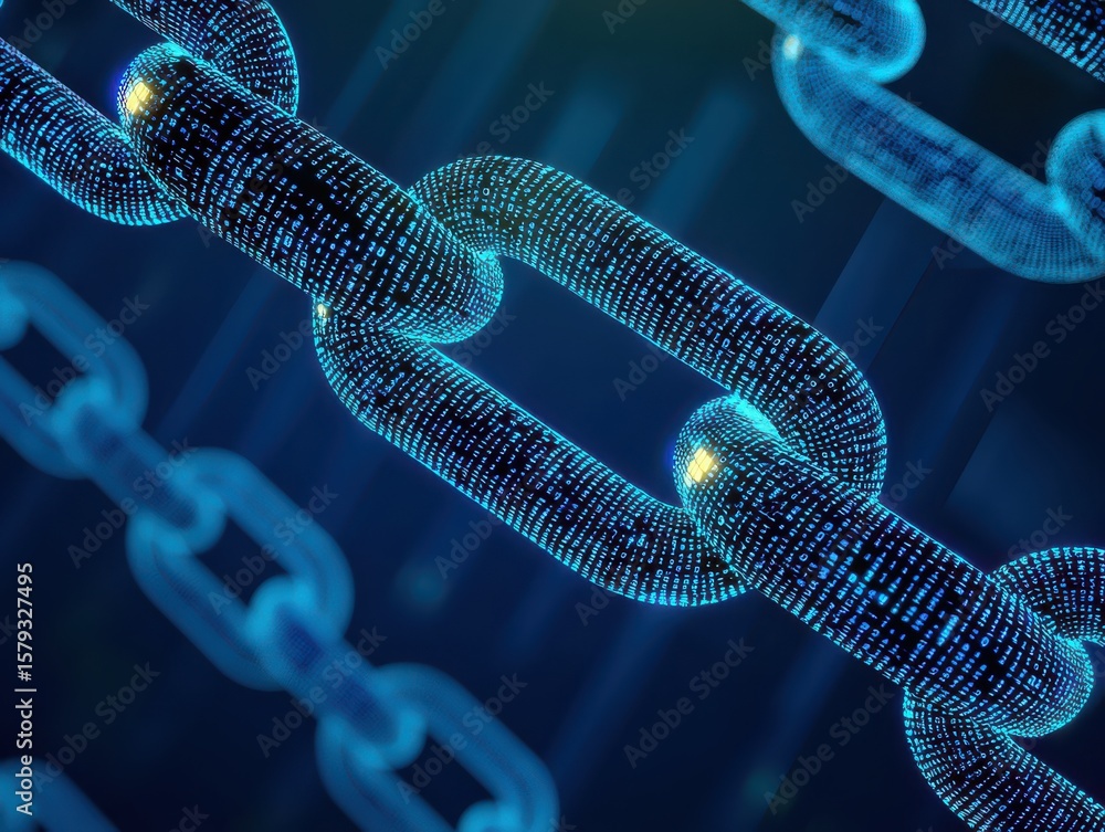 Aufkleber digital representation of interconnected blockchain links glowing in a futuristic, blue-toned networ