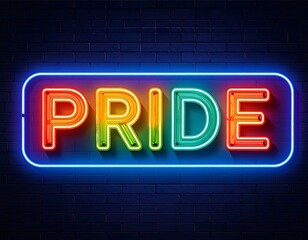 Neon Pride sign on brick wall
