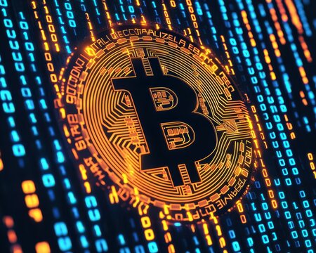 A glowing golden Bitcoin symbol surrounded by digital binary code, representing cryptocurrency and blockchain technology.