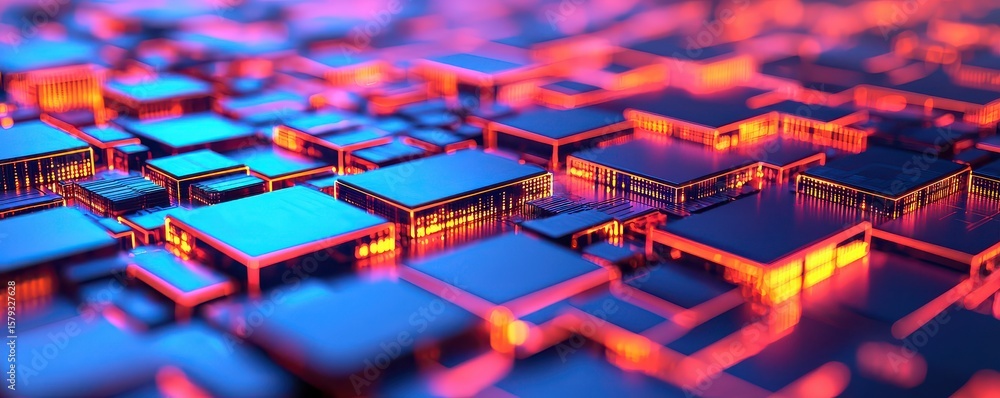 Poster a vibrant digital circuit board with glowing blue and orange pathways, representing advanced technol