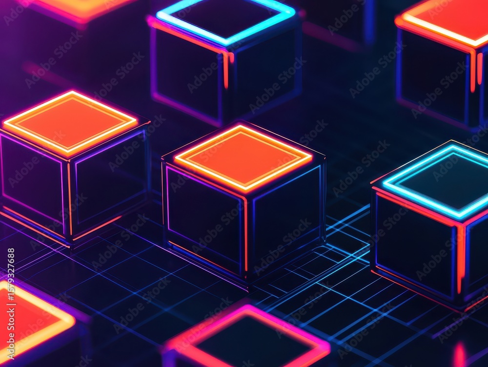 Poster neon-lit [content] cubes with glowing edges arranged on a dark grid, creating a futuristic and cyber