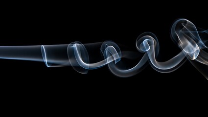 Whimsical smoke ribbons on a black background, Ethereal blue smoke trails spiraling against darkness creating a mesmerizing visual
