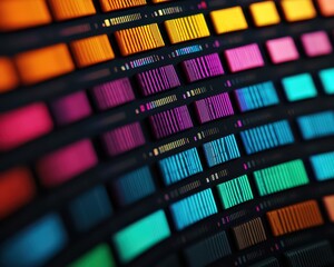 A close-up of colorful, curved LED or digital display panels arranged in rows with varying vibrant colors including orange, purple, blue, and teal.
