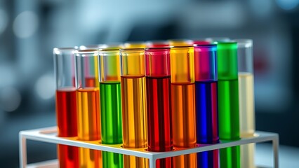Colorful test tubes arranged in a holder, featuring a soft bokeh background under even studio lighting.