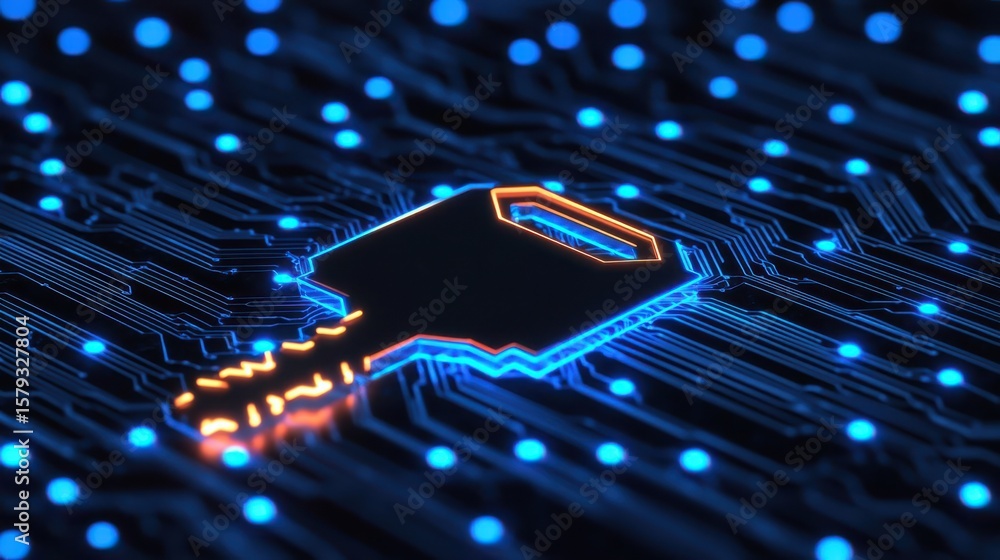 Poster a glowing digital padlock icon on a circuit board represents cybersecurity and data protection in a 