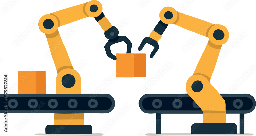 Poster flat vector robotic arms passing items between conveyor belts, automation integration, isolated on w