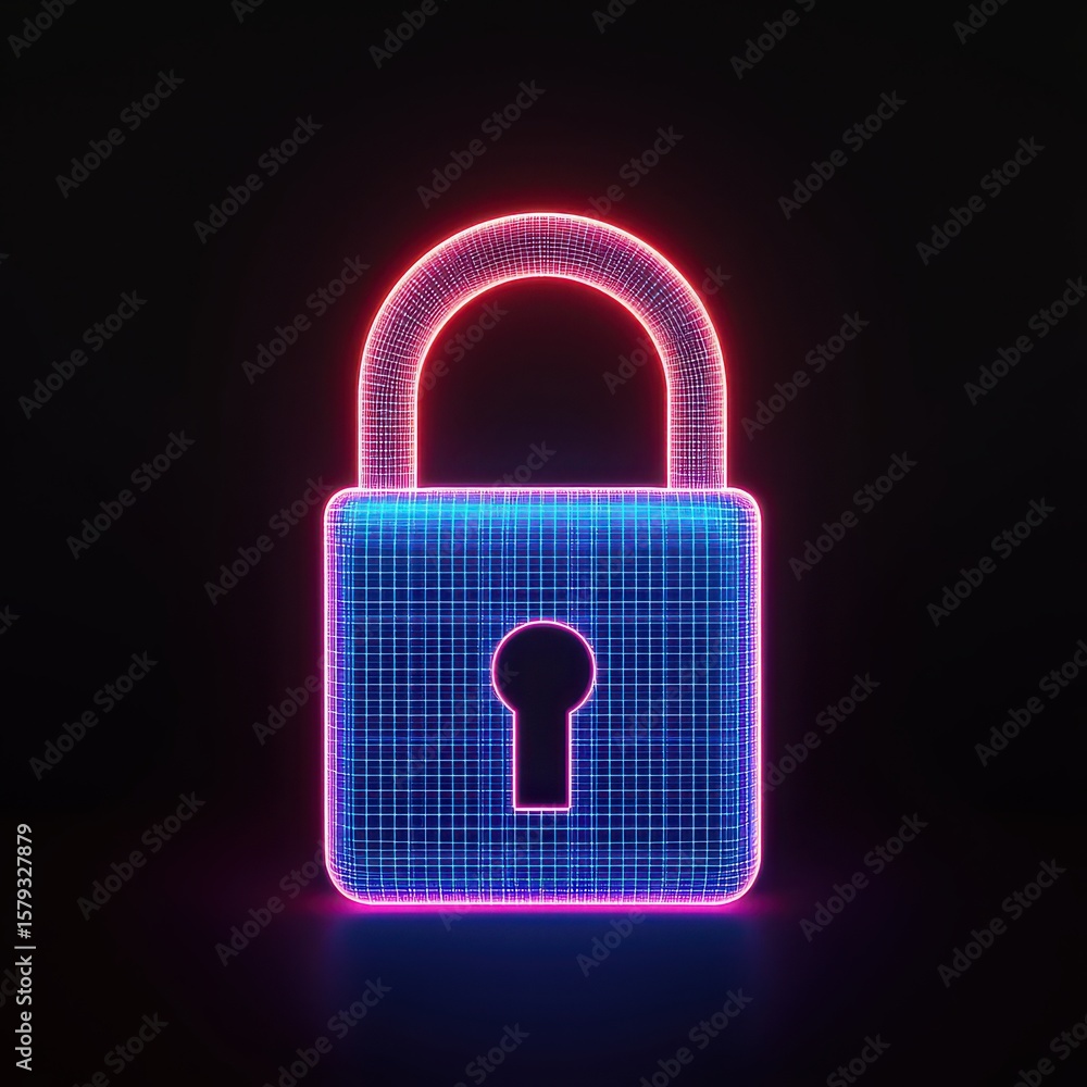 Poster a glowing neon wireframe padlock icon on a dark background representing digital security and data pr