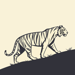 Obraz premium Stylized black and white illustration of a tiger walking on a grassy hill