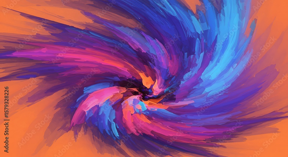 Poster vibrant abstract swirl exploding with dynamic color particles against an orange background