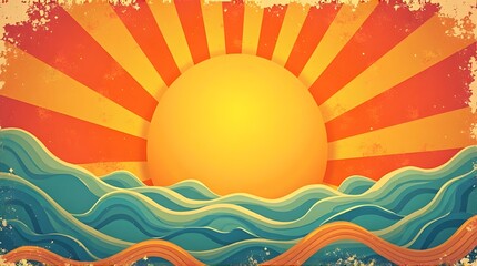 Retro summer sun background.Modern illustration.Vector groovy sunshine wavy rays in vintage grunge design. 70s radial poster.

