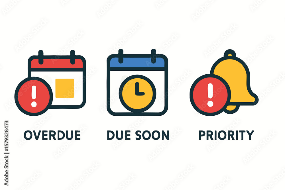 Poster flat vector smart notification icons for overdue, due soon, and priority items, task alert system, i