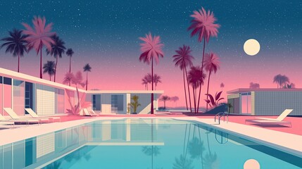 Mid-century modern hotel courtyard with swimming pool, retro flat illustration style, full moon night scene