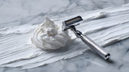 Stylish metal razor with shaving cream on a classic marble surface for personal grooming