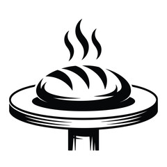Stylized black and white illustration of a freshly baked loaf of bread with steam rising