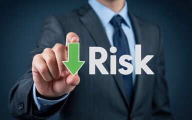 Mitigating Risk Hand Pointing to a Downward Arrow and the Word 'Risk' in a Business Setting