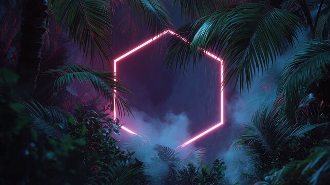 Neon hexagon shape glowing in a tropical jungle at night in 80s synthwave style