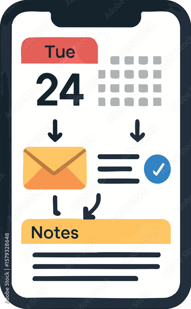 Poster flat vector smartphone showing synced data from calendar, email, and notes apps, isolated on white