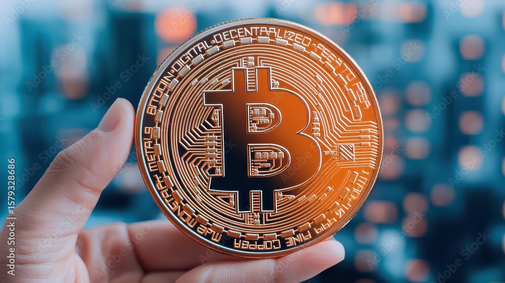 Poster a hand holds a physical representation of a bitcoin coin with a blurred digital background.