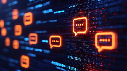 Digital [content] of glowing chat bubbles over binary code, symbolizing online communication and data exchange in a tech environment.