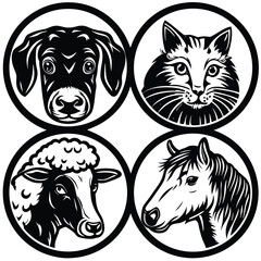 Dog cat sheep horse heads circular emblems animal heads silhoutte