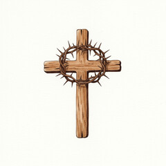 Minimalist Watercolor Cross with Thorns on Rustic Wood, Isolated on White. 