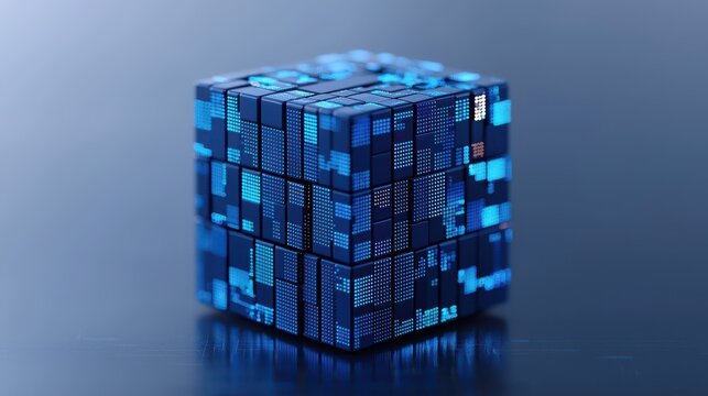 A glowing digital cube composed of blue and black lit squares, symbolizing data, technology, and futuristic computing. - Powered by Adobe