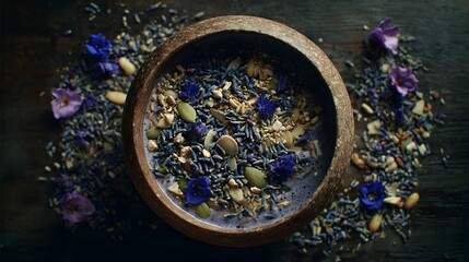 Decorative wooden bowl filled with healthy lavender granola and flower blossoms on a dark tabletop for delicious nutrition.