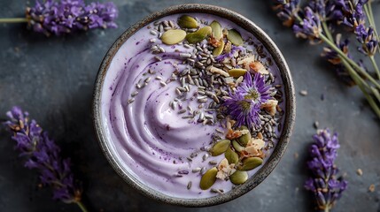 Delicious lavender smoothie bowl with toppings of seeds and edible flowers on a table ready to be served.