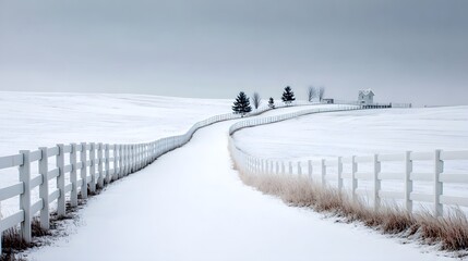 Snowy path with a white fence leading through a winter landscape