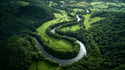 Scenic winding river flows through a vibrant green landscape from an aerial perspective