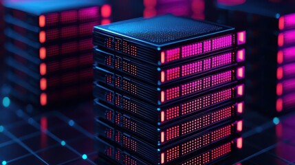 A stack of illuminated server racks in a futuristic data center, glowing with vibrant blue and pink LED lights.
