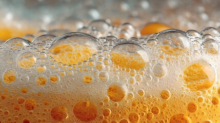 Captivating close-up showcasing the golden beer bubbles and frothy foam texture, a drink of pleasure.
