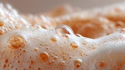 Close-up captures delicate foam and water bubbles in a refreshing, fizzy drink