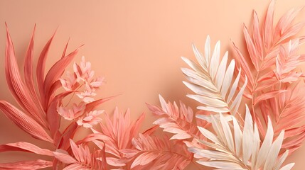 Coral and ivory palm leaves create a soft, tropical arrangement against a light peach background