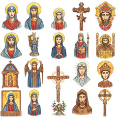 Watercolor Religious Icons: Diverse Faith, Spiritual Heritage in High Detail.