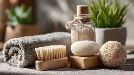 Spa still life presents relaxation with a rolled towel, brush, scrub, soap, and bath salts in a calming setting.
