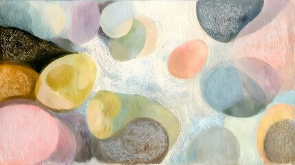 Pastel pebbles and soft shapes create a calming and colorful abstract painting with dreamlike, gentle texture.