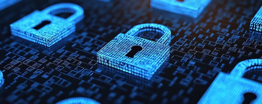 Digital [content] padlocks on a circuit board symbolize cybersecurity and data protection in a connected, high-tech environment.