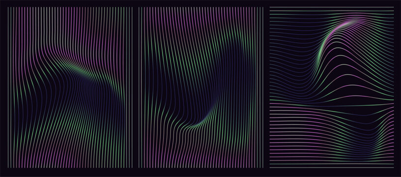 Modern vector illustration features abstract holographic lines in pastel gradients, creating a futuristic, wavy effect. The minimalist design uses flowing, iridescent curves and dark backgrounds.