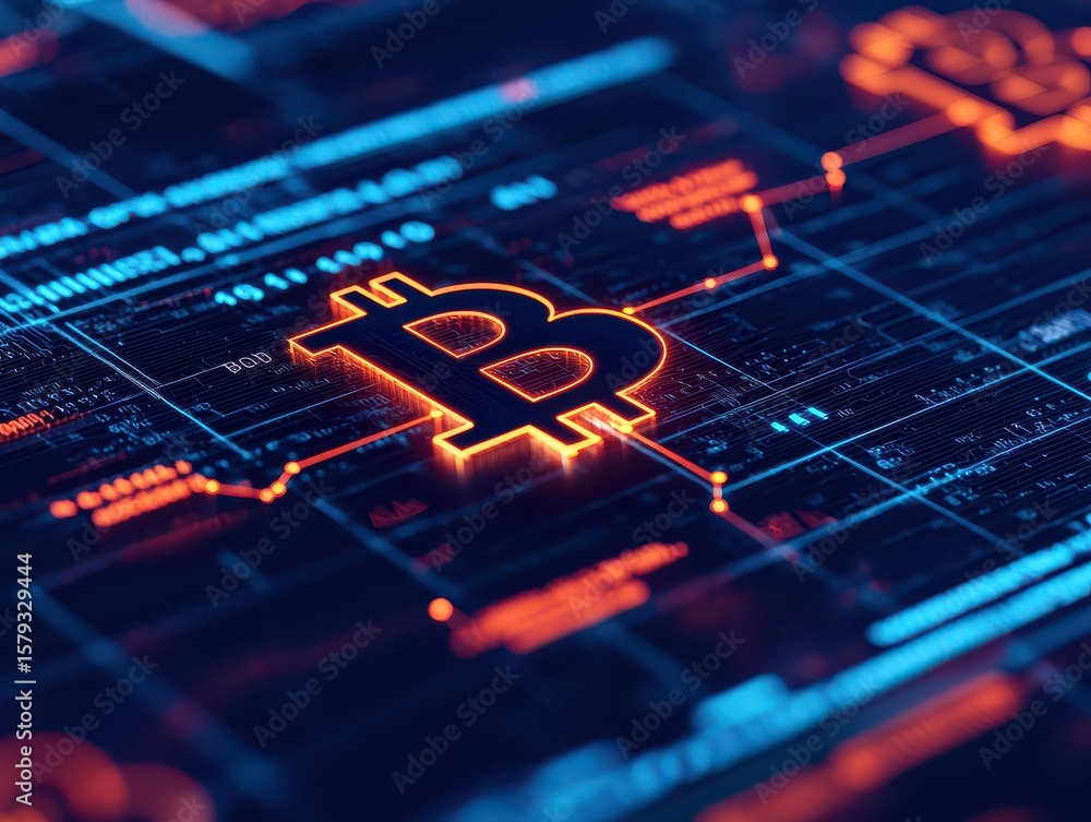 Poster a glowing bitcoin symbol on a futuristic digital circuit board, representing cryptocurrency and bloc