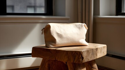Beige cosmetic bag sits on a rustic wooden stool near a window with natural sunlight streaming in.