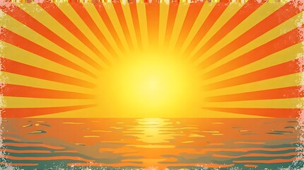 Retro summer sun background.Modern illustration.Vector groovy sunshine wavy rays in vintage grunge design. 70s radial poster.

