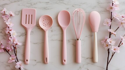 Stylish pink kitchen utensils arranged with delicate cherry blossoms on a marble background.