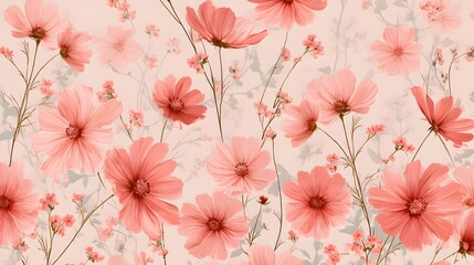 Delicate pink cosmos flowers create a soft and calming floral pattern background.