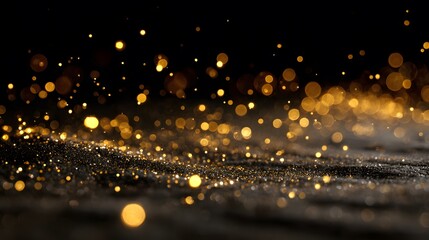Golden bokeh lights twinkle against a dark backdrop, creating a magical and festive atmosphere.