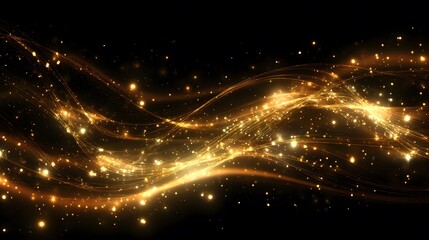 Glimmering golden sparkles flow on a black background creating a magical abstract design