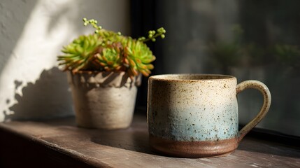 Ceramic mug sits beside a potted succulent plant bathed in gentle sunlight