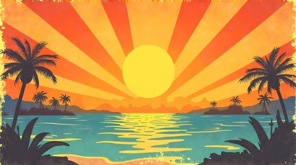 Retro summer sun background.Modern illustration.Vector groovy sunshine wavy rays in vintage grunge design. 70s radial poster.

